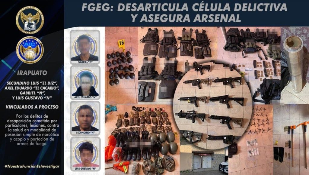 Criminales escondían armas de asalto, droga, cartuchos, cargadores, equipo táctico y motocicletas en un domicilio de la colonia El Cantador de la ciudad de Irapuato