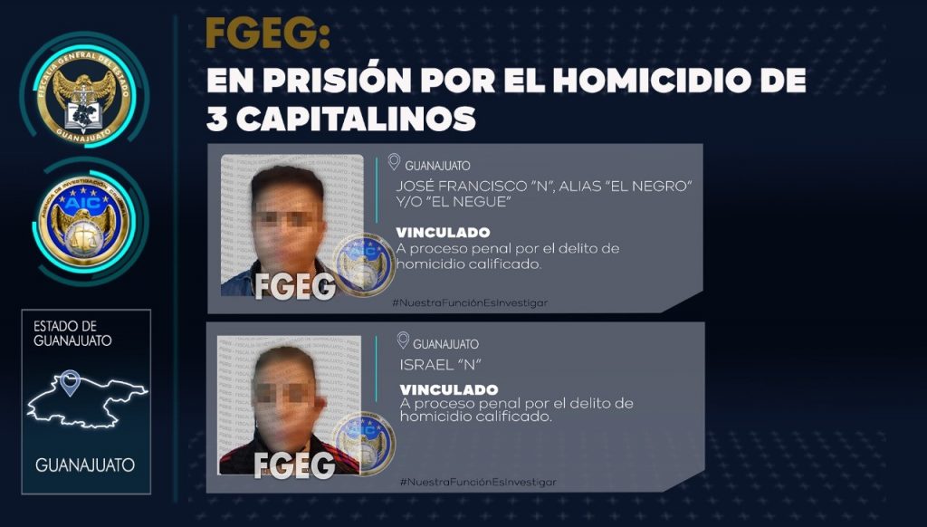Dos sujetos fueron detenidos y vinculados a proceso penal, acusados de asesinar a tres hombres en Guanajuato capital